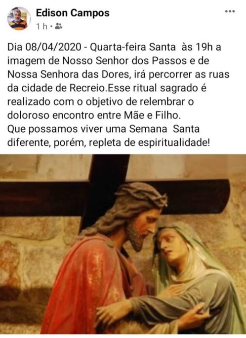 De página Facebook da Paróquia Jesus Menino Deus, de Recreio MG facebook.com/pjmdrecreiomg/